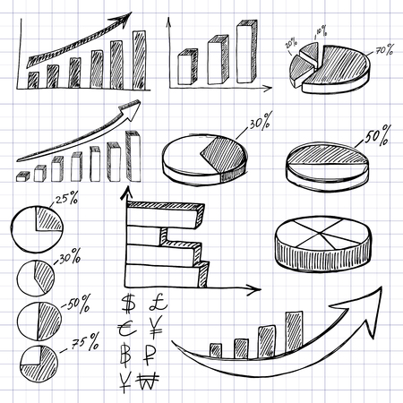 Hand drawn business infographics finance elements on squares paper backgroundのイラスト素材