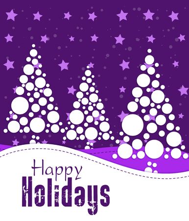 Colorful holidays postcard with christmas trees on snow background in purple colorsのイラスト素材