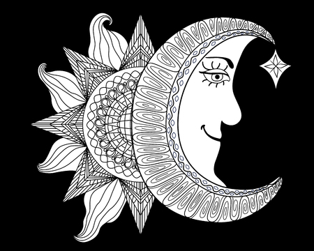 Cartoon illustration of a sun, moon with human face. Outlines are solid black with a white background for coloring book or print.のイラスト素材
