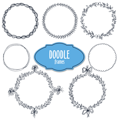 Hand drawn frames set in floral and lines style, contour vector bordersのイラスト素材