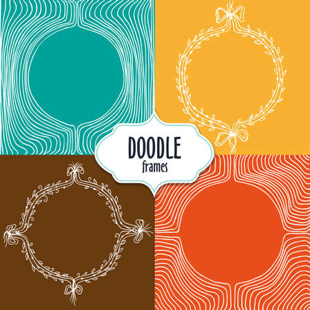 Set of white ornate frames with floral and lines elements on colorful square backgroundのイラスト素材