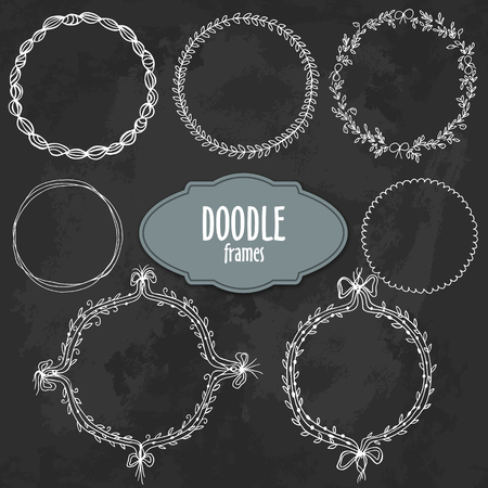 Hand drawn frames set in floral and lines style, white contour vector borders on black grunge backgroundのイラスト素材