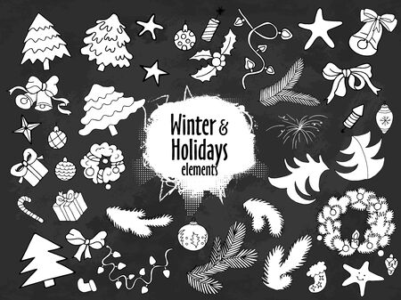 Winter, New year, Christmas white decorative elements for holiday design on black grunge background. Trendy flat style. Multicolored vector doodle collection.のイラスト素材