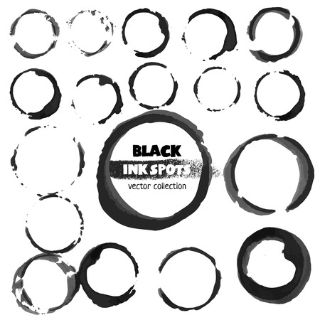 Black ink stains on white background. Vector set of hand made circle stains. Easy to use for grunge bannerのイラスト素材