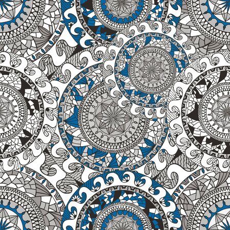 Seamless doodle flower background in vector. Circles ethnic floral pattern. Gray and blue stylish designのイラスト素材