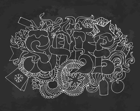 Sale and discount card, banner, poster. Winter sale title. Hand drawn white contour letters composition isolated on black background. Doodle text and shopping elementsのイラスト素材