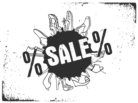 Vector illustration of collection Fashion Men and Women's Shoe in grunge style on white background. Can be used for poster, advertising, web.のイラスト素材