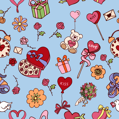 Seamless doodle pattern for valentines day with presents, balloons, bow, rose, hearts, toys in multicolored for boysのイラスト素材