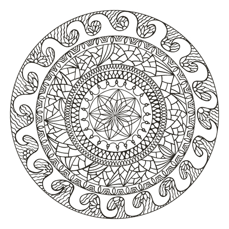 Black and white doodle ornamental circle with ethnic design, stylish background composition. Easy to use for postcard, poster, banner, coloring bookのイラスト素材