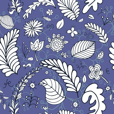 Vector floral seamless pattern with abstract flowers, branches, leaves in blue and white colorsのイラスト素材