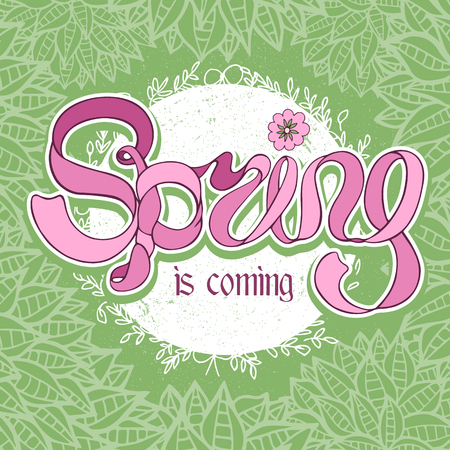 White doodle circle frame with pink ribbon text Spring is coming. Green floral background. Fresh vector design for banners, greeting cards, spring sales.のイラスト素材