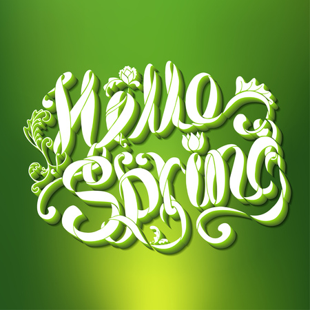 Hello Spring green card design with gradient background and hand drawn text with shadow, vector illustrationのイラスト素材