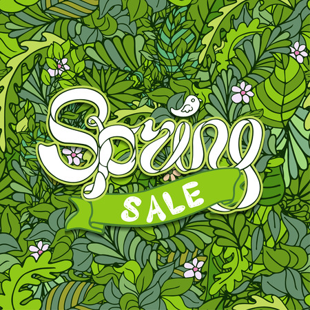 Vector colorful illustration of spring sale with ribbon on leaves composition. Fresh doodle design for banners, greeting cards, advertisementのイラスト素材
