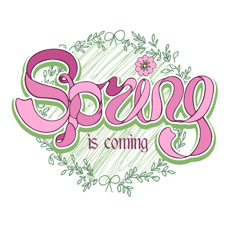 Green doodle circle frame with pink ribbon text Spring is coming on white background. Fresh vector design for banners, greeting cards, spring sales.のイラスト素材