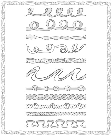 Set of monochrome Seamless Pattern Brushes in outline style. Doodle ribbons easy to use for frames, borders, decorationsのイラスト素材