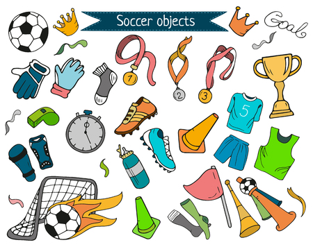 Doodle colorful soccer or football objects, vector collection. Hand drawn outline style for banner, poster, advertisementのイラスト素材