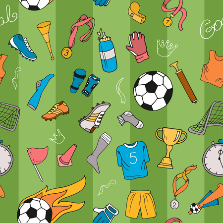 Colorful sport seamless pattern with soccer doodle objects on green backgroundのイラスト素材