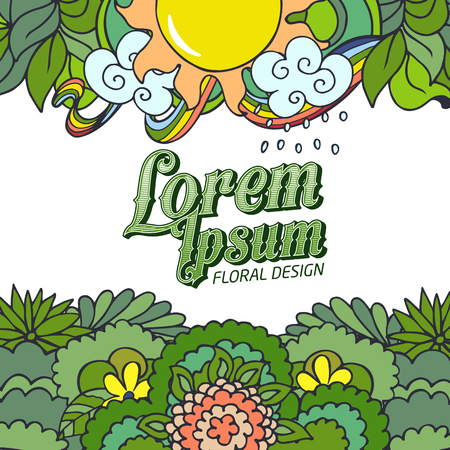 Green doodle card with floral composition, sun and flowers. Fresh stylish spring design for banners, greeting, advertisement, kidsのイラスト素材