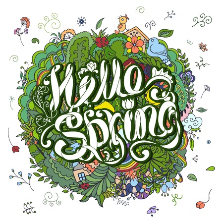 Floral colorful doodle composition with lettering Hello spring and flowers, birds, sun, other spring elements. Fresh designのイラスト素材