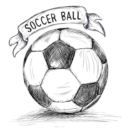 Hand drawn vector illustration with soccer or football ball and banner, in doodle outline styleのイラスト素材