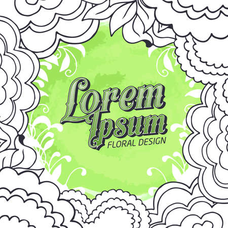 Green doodle card with white outline floral composition on border and green watercolor background. Fresh stylish spring design for banners, greeting, advertisement, kidsのイラスト素材