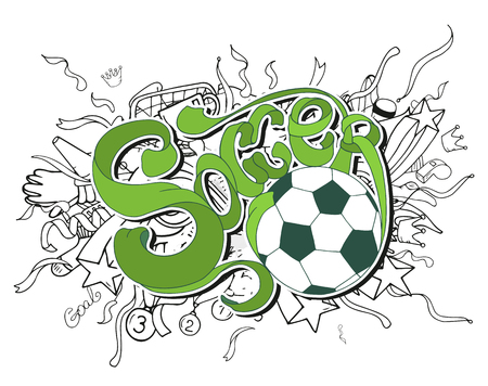 Doodle white soccer composition with sport objects and green lettering text. Vector illustration. Hand drawn outline style for banner, poster, advertisementのイラスト素材