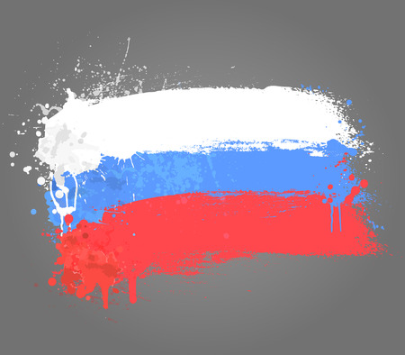 Brush painted abstract flag of Russia. Hand drawn style illustration with a grunge effect and splashes on gray backgroundのイラスト素材