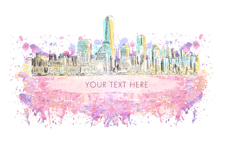 New York city, vector drawing with grunge banner on colorful watercolor background. Very useful for poster, banner, travelのイラスト素材