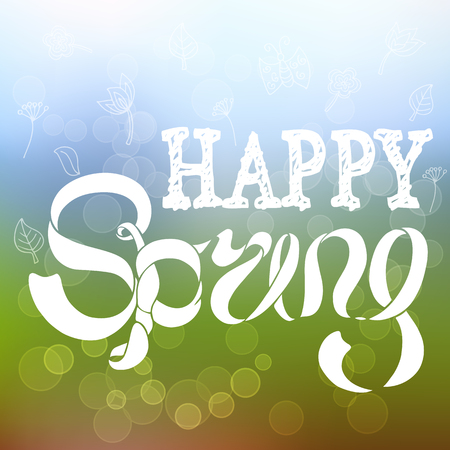 Floral colorful banner with lettering Happy spring on gradient background with bokeh. Fresh designのイラスト素材