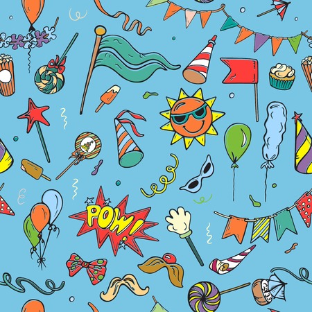Seamless pattern of colorful party objects hand drawn on blue background. Vector illustration in outline styleのイラスト素材