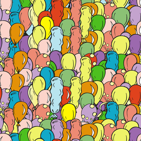 Vector holiday seamless pattern with multicolor hand drawn air balloons. Cartoon colorful background. Design for birthday greeting card, festival decoration, gift cardのイラスト素材