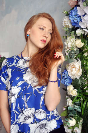 Beautiful girl in the blue in the profileの写真素材