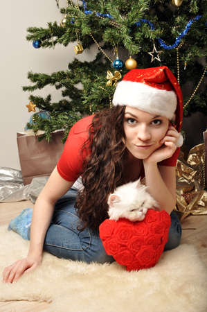 girl with white catの写真素材