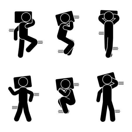 Stick figure different sleeping position set. Vector illustration of a dreaming person icon symbol sign pictogram on whiteのイラスト素材