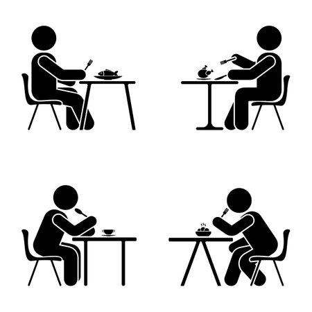 Eating and sitting vector pictogram. Stick figure black and white boy set symbol icon on whiteのイラスト素材