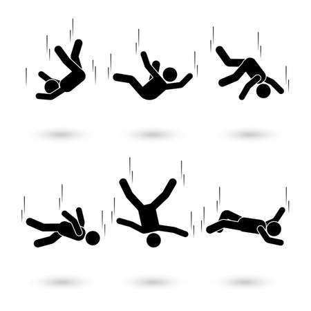 Falling man stick figure pictogram. Different positions of flying person icon set symbol posture on whiteのイラスト素材