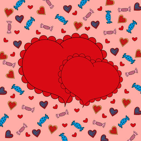 Vector hand drawn heart shape on pink background of candyのイラスト素材