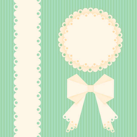 Lacy doilies with bow and ribbon on a green background. Greeting card design template. Vector paper napkin.のイラスト素材