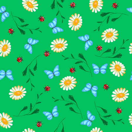 Vector seamless pattern of white chamomiles, ladybug and butterfly on greenのイラスト素材
