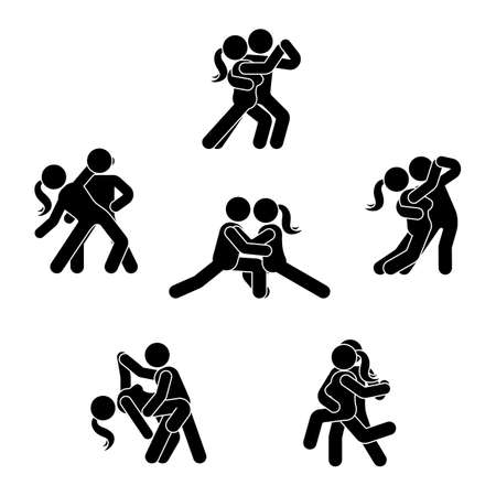 Stick figure dancing couple set. Man and woman in love illustration on white. Boyfriend and girlfriend kissing, hugging, cuddling and holding hand pictogramのイラスト素材
