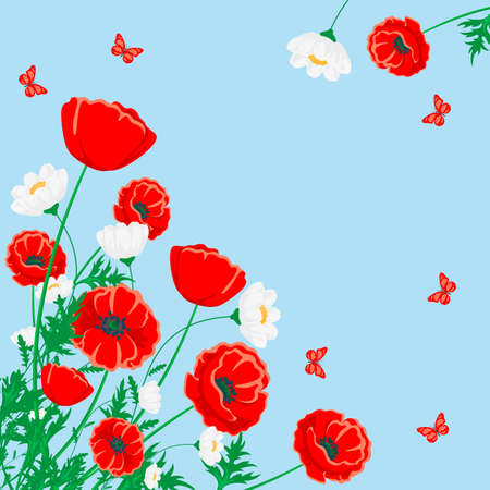 Red poppy and white chamomile illustration. Vector flower with butterfly on blueのイラスト素材