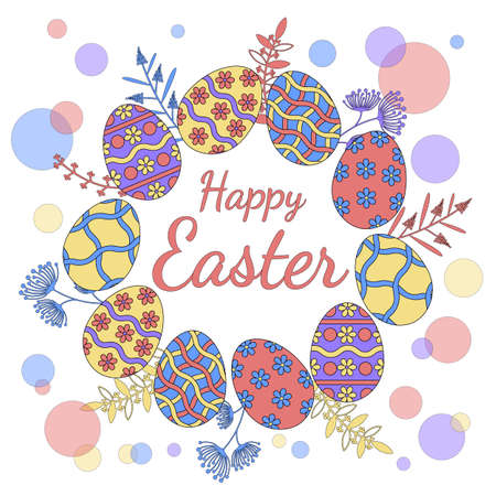 Easter eggs vector icon background. Decorative doodle frame from Easter eggs and floral elements. Vector illustration with ornaments in circleのイラスト素材