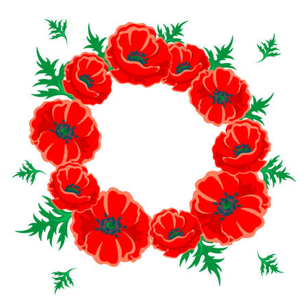 Red poppy illustration. Vector Ñircular flower frame with green leaves on whiteのイラスト素材