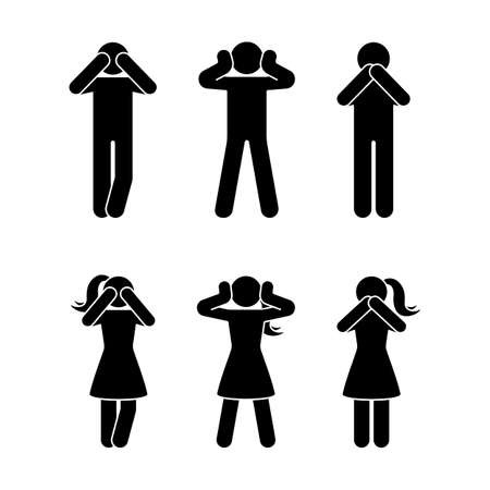 Stick figure set of three wise monkeys pictogram. See no evil, hear no evil, speak no evil concept iconのイラスト素材