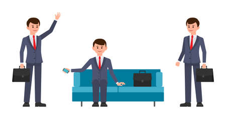 Man, in dark blue suit sitting on sofa, holding smartphone. Man, with briefcase waving hand and smiling. Vector illustration of cartoon character young businessmenのイラスト素材