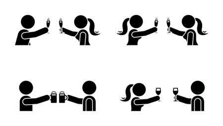 Stick figure men and women drinking wine, beer, champagne icon. Happy celebration of young people pictogramのイラスト素材