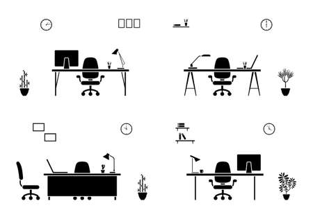 Office workplace interior icon set. Company room silhouetteのイラスト素材