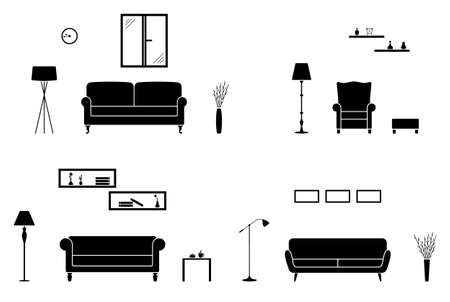 Home interior icon set. Black and white living room silhouette 
のイラスト素材
