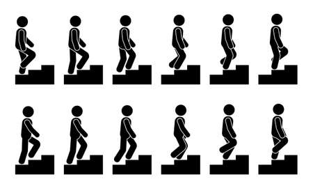 Stick figure male on stairs icon set. Vector man walking step by step sequence pictogramのイラスト素材