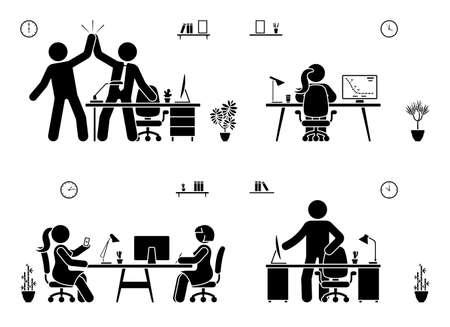 Stick figure business office vector icon pictogram on white. Men and women happy, working, sitting, reporting, writing people silhouetteのイラスト素材